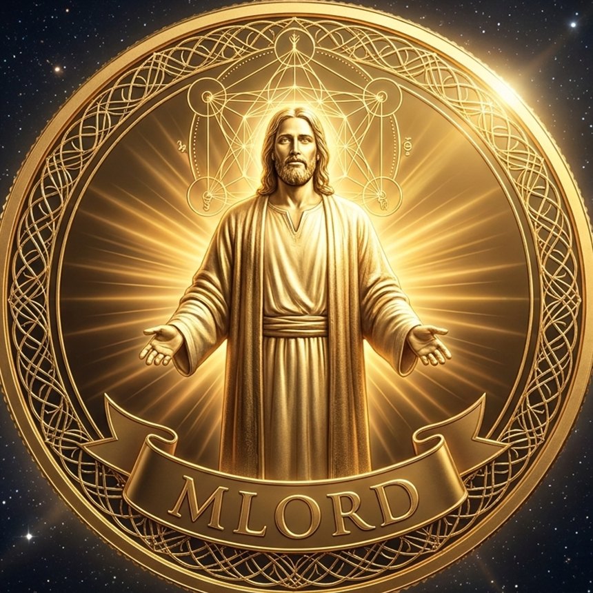 The MLORD coin: a radiant transfigured Christ in glowing robes on a luminous gold coin against a starry night sky